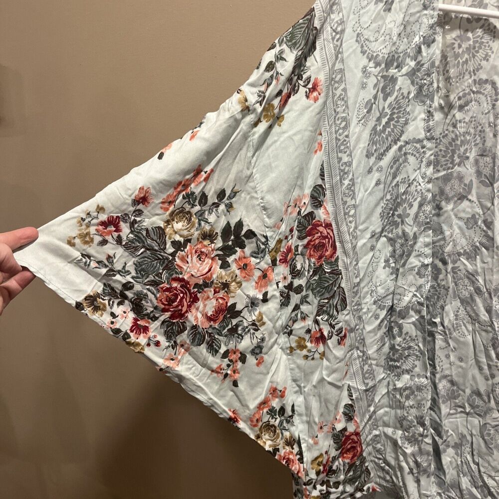 Angie Women's White Pink Floral Kimono Open Cardigan S Flowy Boho Cottage Blooms - Picture 2 of 10